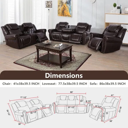 Vista 4 de Sillón reclinable de cuero, muebles de sala de estar, silla reclinable manual, silla de cuero marrón de 1 plaza para sala de estar