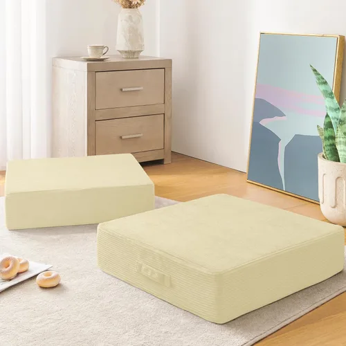 Vista 2 de Wellsin Cojines de Suelo Cuadrados Sólidos para Adultos y Niños - Cojín Grande de Suelo para Meditación y Asiento con Espuma Gruesa y Funda de Beige