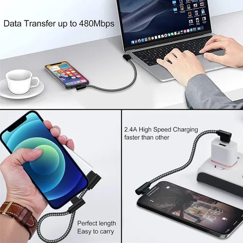 Vista 4 de Cargador para iPhone de 1 pie, certificado MFi, cable Lightning trenzado, cable de carga de codo de 90 grados, compatible con iPhone 14 13 12 11 Pro