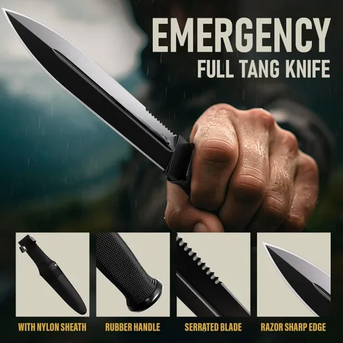 Vista 4 de Cuchillo táctico de supervivencia con funda, hoja fija de espiga completa de 6.5 pulgadas, borde dentado, cuchillo de caza con mango de goma