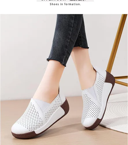 Vista 6 de Mocasines de plataforma de punta redonda para mujer, cómodos mocasines de cuero genuino, mocasines de corte casual con corte bajo.