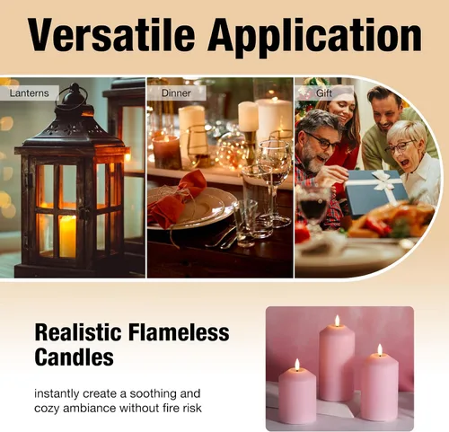 Vista 5 de Velas de pilar sin llama rosa con control remoto, velas LED parpadeantes de cera a pilas, juego de 3 Flickering LED Candles, 2 AA Battery