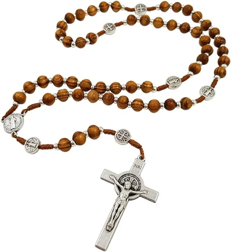 Vista 6 de TALISMAN4U Rosario de madera de olivo collar católico Medalla de San Benito Crucifijo Crucifijo Jerusalén Cruz Caja de regalo