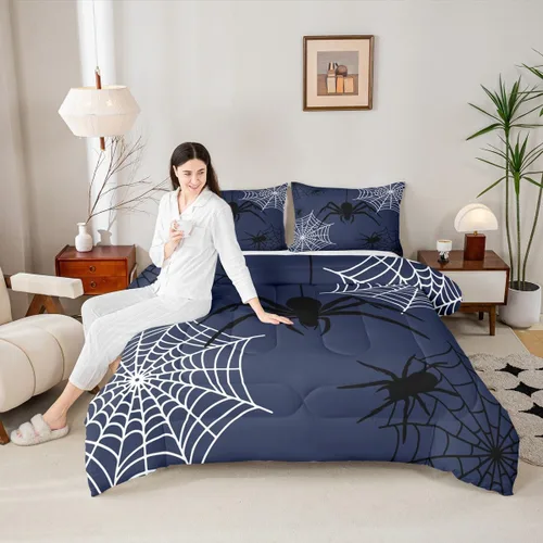 Vista 2 de Castle Fairy Spider Web Comforter Set,Happy Halloween Theme Hippie Bedding Sets for Kids Teens Adults,Black Spider Wild Animal Silhouette Comforter