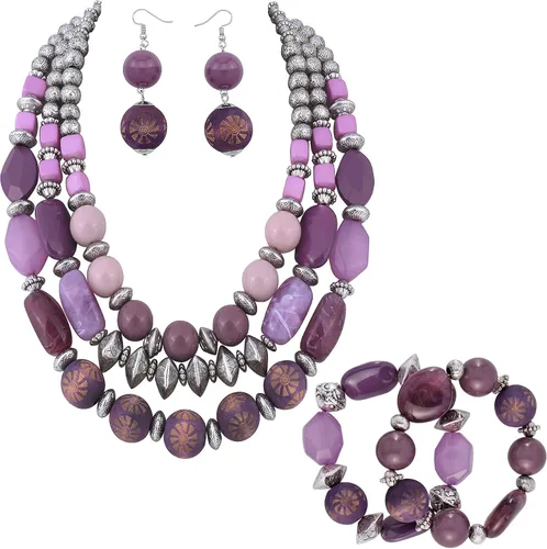 Vista 12 de Bocar Juego de Collar, Aretes y Pulsera de 3 Capas con Cuentas Gruesas, Conjunto de Joyería de Collar de Mujer de Múltiples Capas de Moda Amarillo