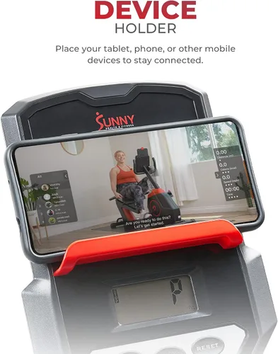 Vista 8 de Sunny Health & Fitness Bicicleta estática reclinada inteligente, asiento con cojín ajustable y respaldo de malla para entrenamiento en casa