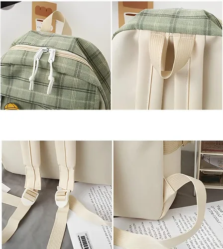 Vista 7 de Mochila Kawaii a cuadros para mujer, 5 unidades, con colgante de oso, bolsa de libros para el regreso a clases, bolsa de viaje casual, Rosado