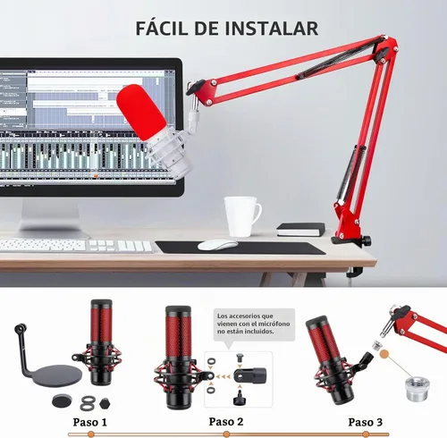 Vista 4 de SUNMON HyperX QuadCast - Brazo de brazo rojo para Hyper x QuadCast con filtro rojo QuadCast Pop, aislamiento acústico y reducción de ruido, brazo