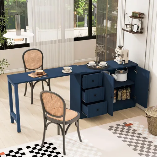 Vista 13 de RUNNA Isla de cocina acanalada de 82.6 pulgadas con mesa de comedor extensible para 4-6, mesa de isla para cocina con toma de corriente, mesa