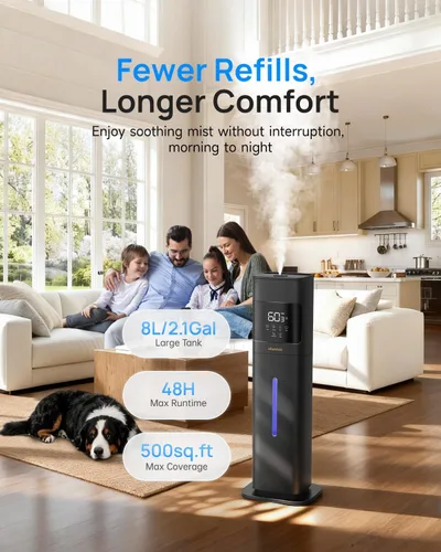 Vista 3 de Humidificadores para dormitorio, humidificador de habitación grande, color negro Warm & Cool Mist, 2.1Gal/8L, 500 sq ft Coverage, Run 48H, Auto