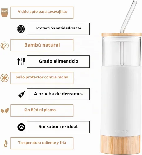 Vista 3 de Vaso de vidrio prémium de 20 onzas con popote y tapa de bambú y base con funda protectora de silicona, sin BPA, botella de agua Growler