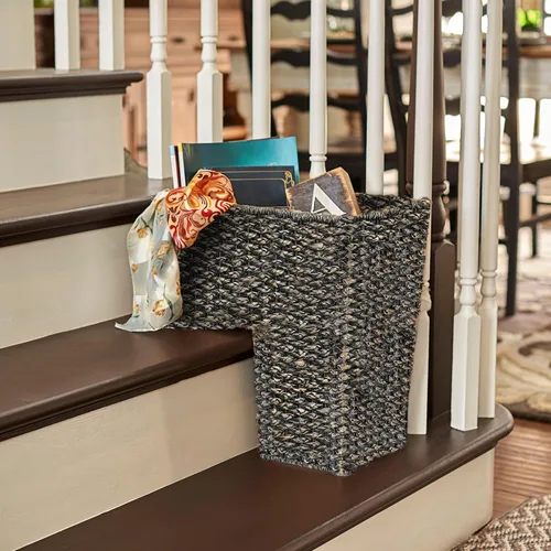 Vista 3 de Creative Co-Op Cesta de Escalera Tejida de Cuerda Bankuan con Asas, Negro