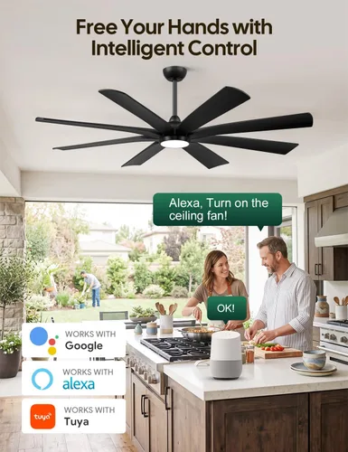 Vista 3 de 65 inch Smart Ceiling Fan with Light, 8 Black Solid Wood Blades, High CFM