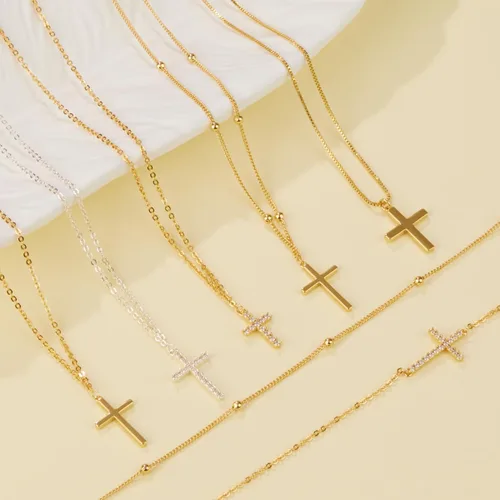 Vista 5 de Collar de cruz para mujeres y niñas, delicado chapado en oro de 14 quilates, gargantilla con dije de cruz que no se deslustra, impermeable, moderno