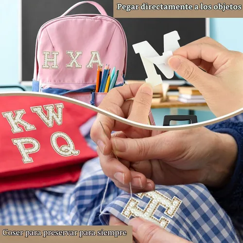 Vista 4 de Morcheiong 26 parches de letras con diamantes de imitación de perlas autoadhesivos de la A a la Z, parches de letras de perlas para ropa, tela