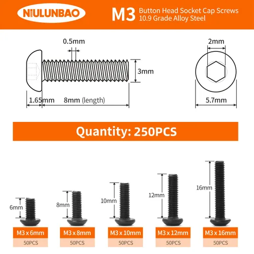 Vista 2 de Tornillos de cabeza de botón M3 x 6 mm, 8 mm, 10 mm, 12 mm, 16 mm, tornillos de cabeza de botón, acero de aleación de grado 10.9, acabado de óxido