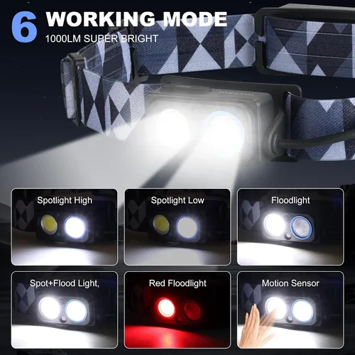 Vista 3 de Linterna frontal LED recargable, 1000 lm con sensor de movimiento, foco e reflector, inclinación de 90°, batería reflectante, IPX4 impermeable