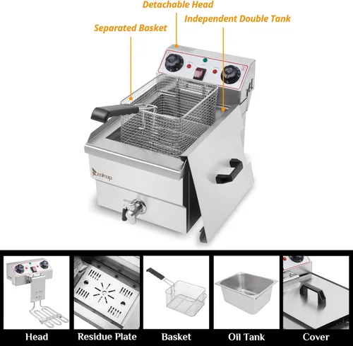 Vista 4 de Winado Freidora Eléctrica Profunda de 12.5QT con Control de Tiempo y Filtración de Aceite, 11.8L de Acero Inoxidable para Encimera con Control