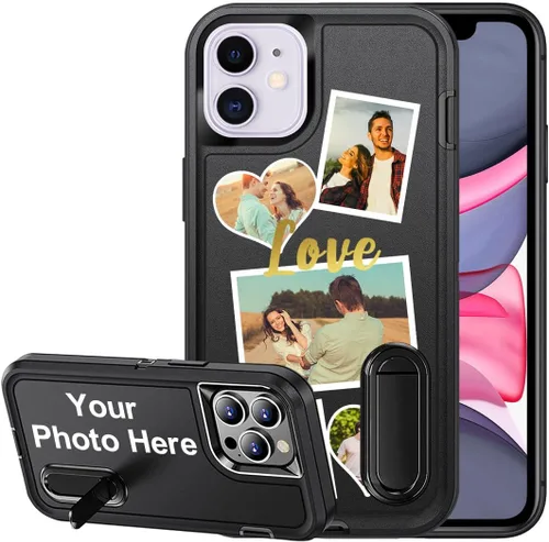 Vista 29 de Funda personalizada para iPhone 11, funda con soporte integrado y soporte, protección resistente a los arañazos, funda de fotos personalizada, haz