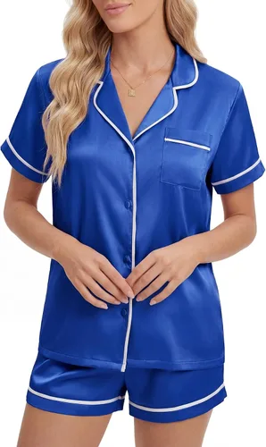 Vista 3 de LYANER Pijama de satén para mujer de seda de 2 piezas de pijama de manga corta con botones Azul brillante