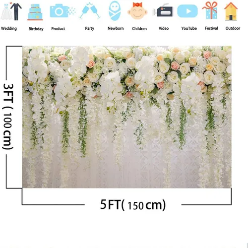 Vista 4 de Mocsicka Telón de fondo de pared de flores de boda para sesión de fotos, decoración de boda para recepción, pancarta de fondo floral de rosa blanca