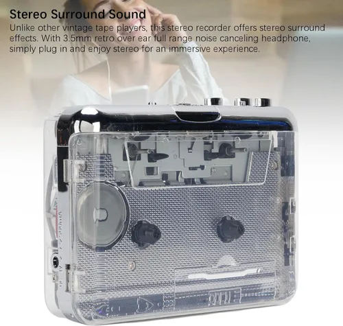 Vista 3 de Reproductor de cassette retro con sonido envolvente estéreo y retroceso automático, auriculares con cancelación de ruido de 0.138 in