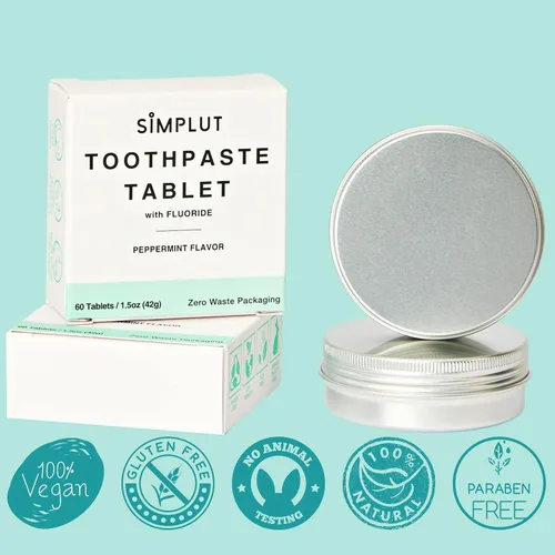 Vista 2 de Tabletas masticables de pasta de dientes con flúor, paquete de 60 – Cuidado bucal de tamaño de viaje, pestañas dentales veganas ecológicas