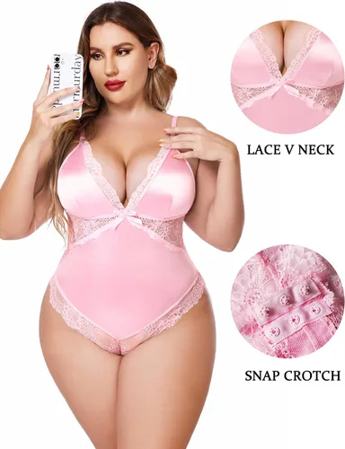 Vista 2 de Avidlove Lencería de talla grande para mujer, sexy, con broche en la entrepierna, body de satén en V profundo, ropa de club L4XL