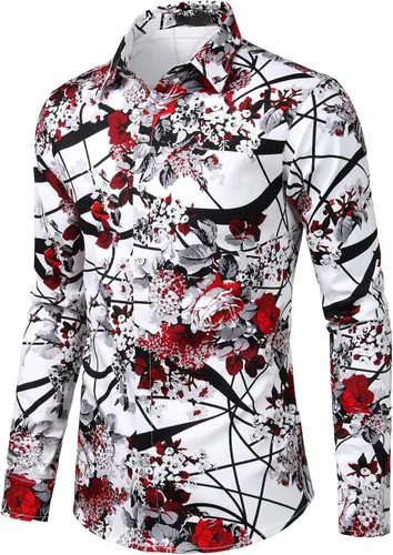 Vista 2 de ZEROYAA Men's Floral Slim Fit Long Sleeve Cotton Casual Button Down Dress Shirt