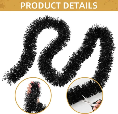 Vista 3 de Guirnalda de oropel negro de 150 pies – Guirnalda de oropel de vacaciones para Navidad, Halloween, Año Nuevo, fiestas de cumpleaños y decoración
