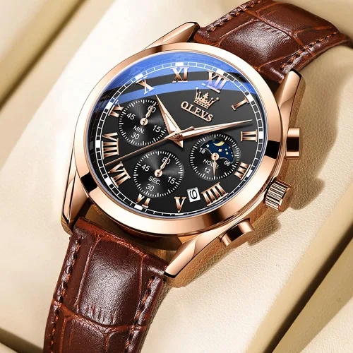 Vista 2 de OLEVS - Reloj de pulsera de cuero para hombre, analógico de cuarzo, cronógrafo de lujo con fecha, impermeable, luminoso - Estilo de vestir
