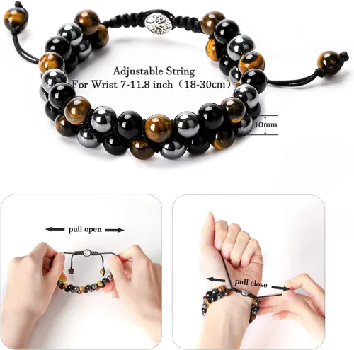 Vista 2 de Pulsera Hecha a Mano de Triple Protección 10mm de Hematita Obsidiana Negra Ojo de Tigre con Piedras de Cristal de Curación para Hombres y Mujeres