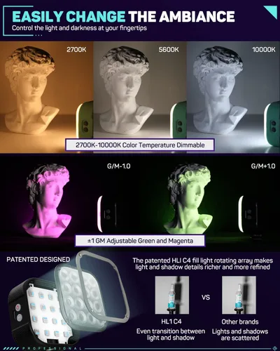 Vista 5 de IFOOTAGE Luz de video RGBW, luz de cámara RGB portátil, 2700K-10000K/CRI 95+/120 minutos de duración de la batería/recarga/control