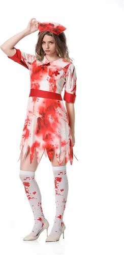 Vista 2 de Disfraz de enfermera de Halloween para mujer, disfraz de enfermera inmortal para adultos, disfraz de enfermera zombi para Halloween, fiesta