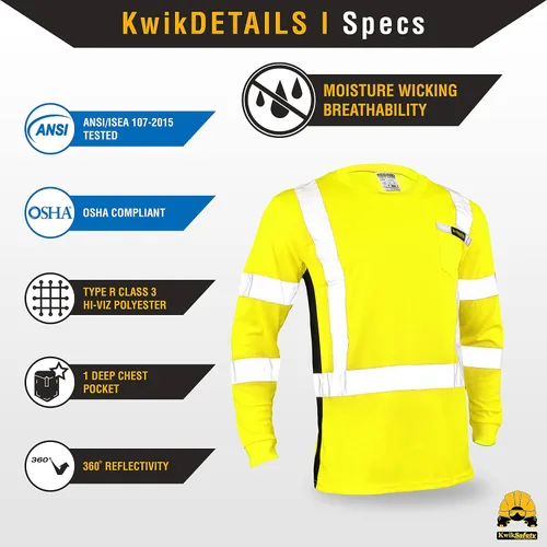 Vista 6 de KwikSafety Operator Long Sleeve Safety Shirts Class 3 ANSI OSHA Hi Vis PPE Cinta básica Amarillo