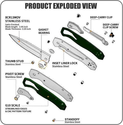 Vista 2 de Vickay Cuchillo de bolsillo, cuchillos plegables de bolsillo con clip para cinturón, cuchillo táctico para acampar, hoja de acero inoxidable