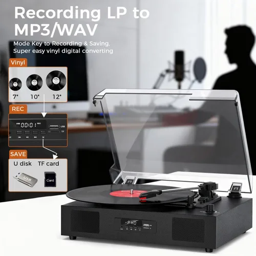 Vista 5 de Tocadiscos de vinilo Bluetooth con dos altavoces incorporados, grabación USB, transmisión por correa, 3 velocidades, tocadiscos para discos
