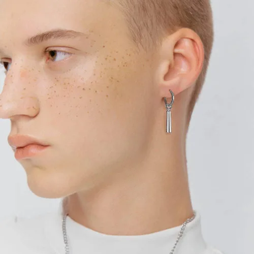 Vista 5 de Aretes colgantes minimalistas de doble barra pequeña de aro pequeño para hombres, mujeres, niños y niñas, dijes de acero inoxidable 316L, aros