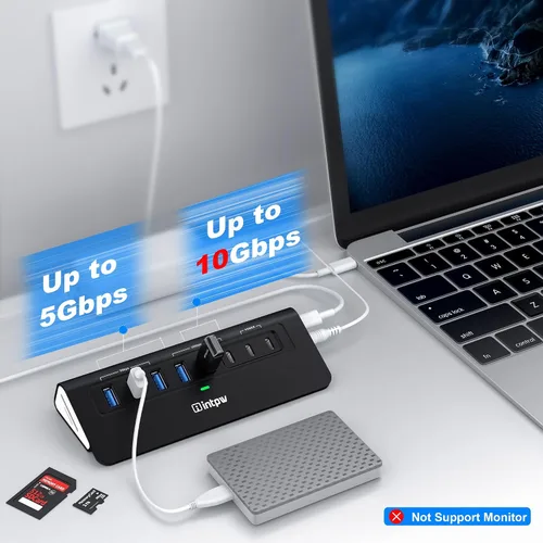 Vista 3 de Hub USB alimentado de 10 Gbps, intpw YH6AC Plus 10 puertos USB 3.2 Hub