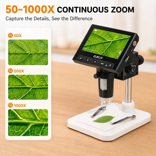 Vista 5 de Elikliv Microscopio, microscopio digital LCD para monedas 1000x, lupa de monedas con 8 luces LED ajustables, vista de PC compatible con Blanco