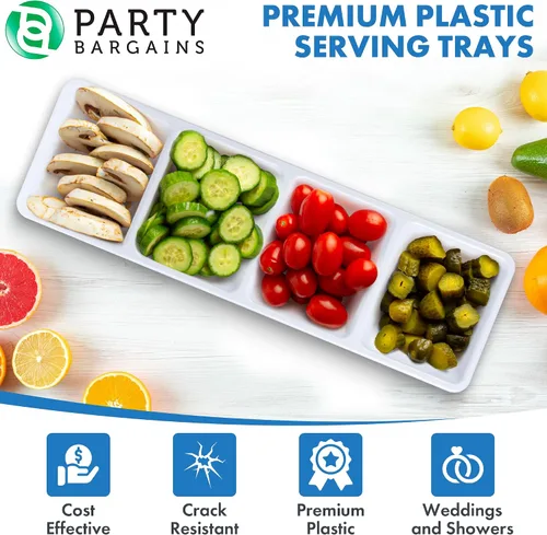 Vista 3 de Party Bargains Bandeja rectangular seccional desechable blanca (paquete de 4) de 5 x 16 pulgadas. Bandeja de plástico con 4 compartimentos