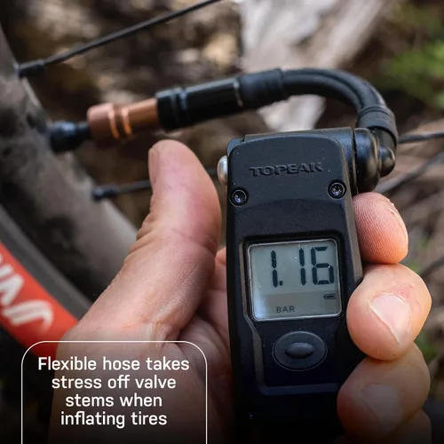 Vista 4 de Topeak Mountain Digital - Bomba de bicicleta de 2 etapas – Bomba de choque de alta presión/alto volumen de modo dual con medidor digital, bloqueo