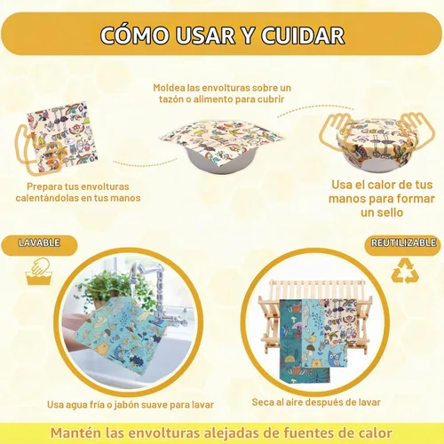 Vista 4 de Envoltorio reutilizable de cera de abejas - Paquete de 9 envolturas de cera de abejas para alimentos, envolturas de cera de abejas ecológicas