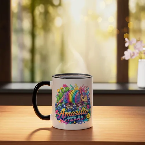 Vista 3 de Amarillo Texas Fun Colorful Armadillo Novelty Souvenir Ceramic Mug, Black/White