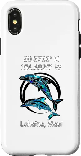 Vista 4 de Funda para iPhone 14 Longitud y Latitud de Lahaina Maui Tribal Dolphins