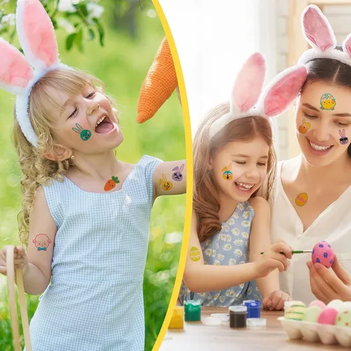 Vista 6 de Nosiny 240 piezas de tatuajes temporales con purpurina de Pascua, huevos de conejito feliz, pollo, zanahoria, accesorios de ropa, calcomanías