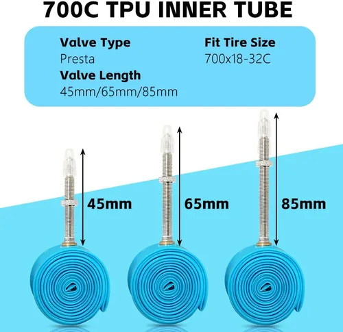 Vista 8 de Paquete de 4 tubos interiores ultraligeros de TPU para bicicleta, 700x18C/23C/25C/28C/30C/32C Presta 45/65/3.346 in para viajes diarios, conducción