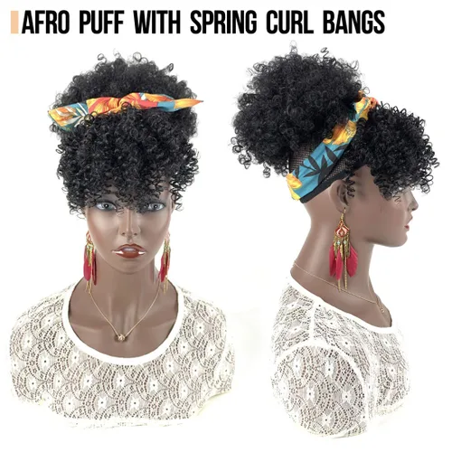 Vista 6 de Cola de caballo afro con cordón y flequillo para mujeres negras, moño alto afro con flequillo de resorte reemplazable y flequillo afro, estilos