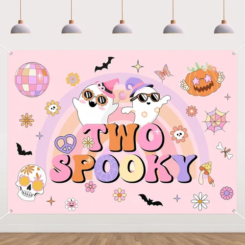 Vista 7 de Groovy - Decoración de fiesta de cumpleaños de Halloween, 7 x 5 pies, pancarta de fondo de feliz día de abucheo para niña, decoración bohemia arco