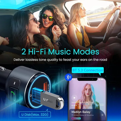 Vista 7 de Versión mejorada V5.3 - Transmisor FM Bluetooth, adaptador Bluetooth para coche QC3.0 y adaptador de radio FM inalámbrico con retroiluminación LED